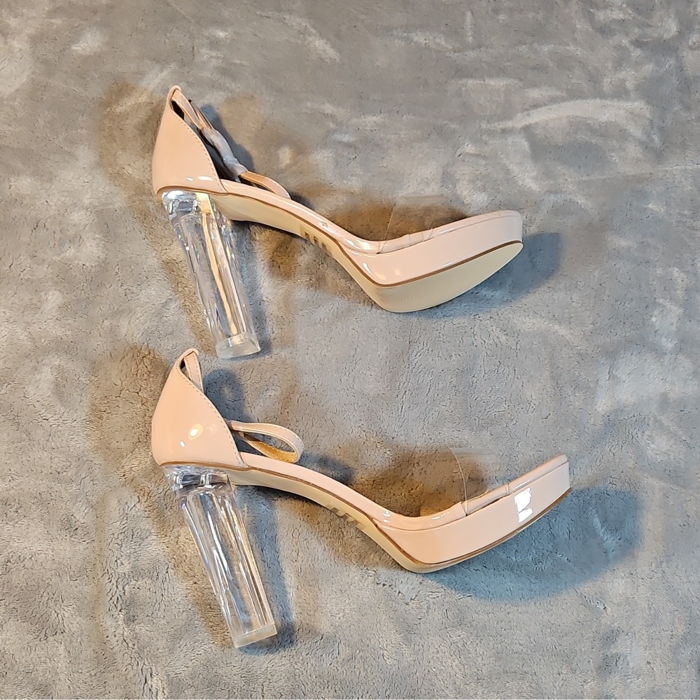 Katy Perry Nude Patent Strappy Block Heel Ankle Strap Open Toe Buckle Size 10 - Picture 3 of 5